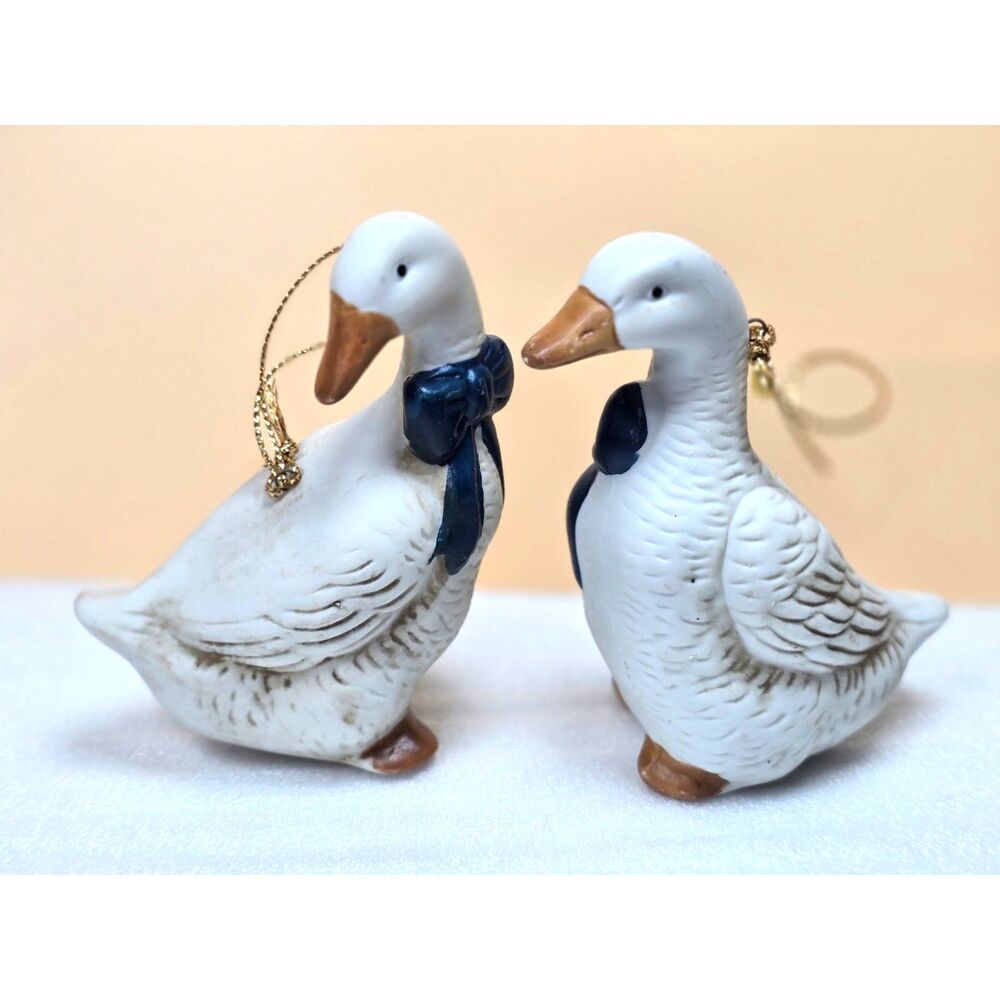 Vintage Porcelain Blue Bow Geese Ducks Ornaments Blue Bows Set of 2 Country